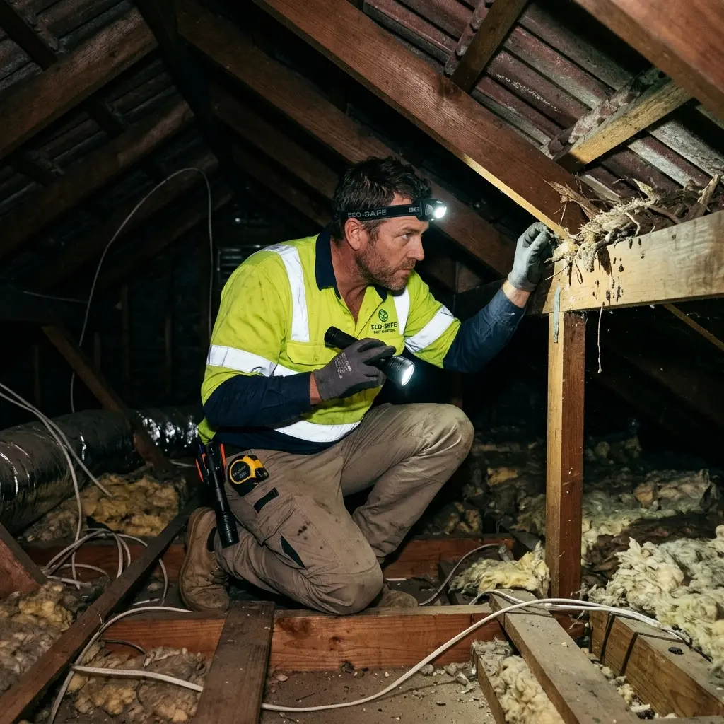 Technician inspecting a roof cavity for a dead animal in Spotswood