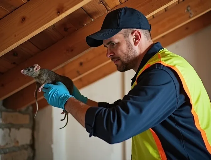 Technician inspecting a roof cavity for a dead rat in Spotswood